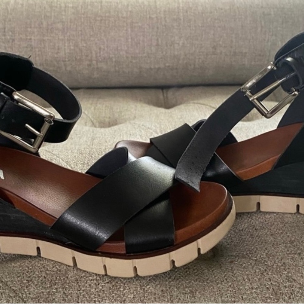 MIA 2.5" wedge black leather ankle strap sandals